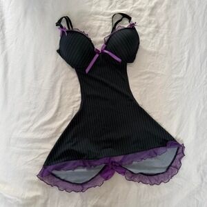 Y2K Purple & black pinstripe babydoll dress with ruffles and bows